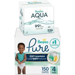 image:imagePampers Pure Protection Disposable Baby Diapers Size 4 One Month Supply 150 Count with Aqua Pure Baby Wipes 6X PopTop Packs 336 Count