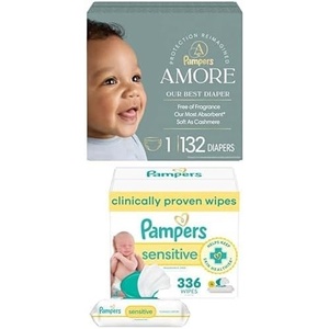 image:imageBundle of Pampers Amore Size 1 814 lbs 132 Count Our  Baby Wipes Sensitive Water Based Wipe Clinically Proven Hypoallergenic and Unscented for Babies 336 Wipes Total 4 FlipTop Packs
