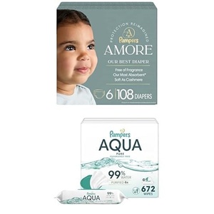 image:imageBundle of Pampers Amore Size 1 814 lbs 198 Count Pampers Baby Wipes Aqua Pure 99 WaterBased Wipes Hypoallergenic and Unscented Baby Wipes 672 Wipes Total 12 FlipTop PacksSize 6  12x