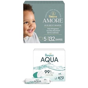 image:imageBundle of Pampers Amore Size 1 814 lbs 198 Count Pampers Baby Wipes Aqua Pure 99 WaterBased Wipes Hypoallergenic and Unscented Baby Wipes 672 Wipes Total 12 FlipTop PacksSize 5  12x