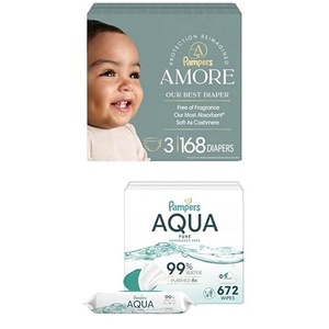 image:imageBundle of Pampers Amore Size 1 814 lbs 198 Count Pampers Baby Wipes Aqua Pure 99 WaterBased Wipes Hypoallergenic and Unscented Baby Wipes 672 Wipes Total 12 FlipTop PacksSize 3  12x