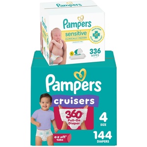 image:imageDiapers Size 5 128 Count and Baby Wipes  Pampers Pull On Cruisers 360 Fit Baby Diapers with Stretchy Waistband ONE MONTH SUPPLY with Sensitive Wipes 6X PopTops 336 Count Packaging May VarySize 4