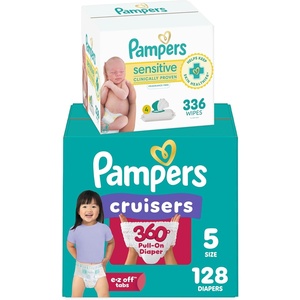 image:imageDiapers Size 5 128 Count and Baby Wipes  Pampers Pull On Cruisers 360 Fit Baby Diapers with Stretchy Waistband ONE MONTH SUPPLY with Sensitive Wipes 6X PopTops 336 Count Packaging May VarySize 5
