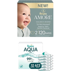 image:imagePampers Amore Size 0 Diapers up to 10 lbs 60 Count amp Aqua Pure Baby Wipes 672 Count 12 Packs  Hypoallergenic BundleSize 2  12x