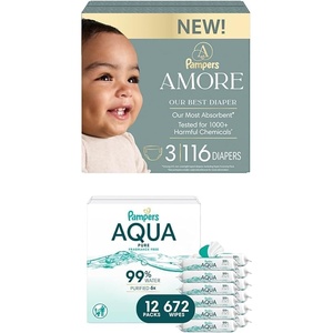 image:imagePampers Amore Size 0 Diapers up to 10 lbs 60 Count amp Aqua Pure Baby Wipes 672 Count 12 Packs  Hypoallergenic BundleSize 3  12x
