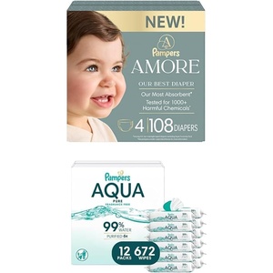 image:imagePampers Amore Size 0 Diapers up to 10 lbs 60 Count amp Aqua Pure Baby Wipes 672 Count 12 Packs  Hypoallergenic BundleSize 4  12x