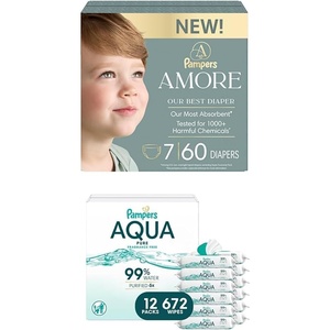 image:imagePampers Amore Size 0 Diapers up to 10 lbs 60 Count amp Aqua Pure Baby Wipes 672 Count 12 Packs  Hypoallergenic BundleSize 7  12x