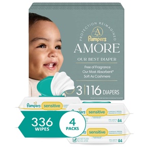 image:imagePampers Amore Size 0 up to 10 lbs 128 Count  Pampers Baby Wipes Sensitive Water Based Wipe Clinically Proven Hypoallergenic and Unscented for Babies 336 Wipes Total 4 FlipTop PacksSize 3  4x