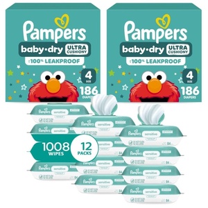 image:imagePampers Baby Dry Disposable Baby Diapers Size 4 2 Month Supply 2 x 186 Count with Sensitive Water Based Baby Wipes 12X Multi Pack PopTop and Refill 1008 CountSize 4