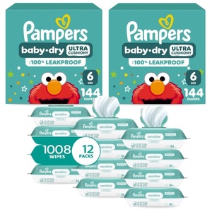 image:imagePampers Baby Dry Disposable Baby Diapers Size 4 2 Month Supply 2 x 186 Count with Sensitive Water Based Baby Wipes 12X Multi Pack PopTop and Refill 1008 CountSize 6