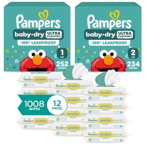 image:imagePampers Baby Dry Disposable Baby Diapers Size 4 2 Month Supply 2 x 186 Count with Sensitive Water Based Baby Wipes 12X Multi Pack PopTop and Refill 1008 CountSize 1  2