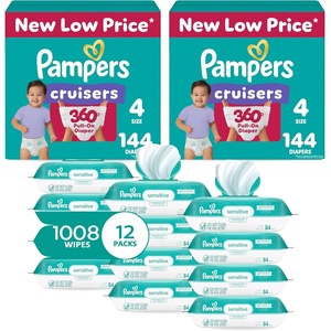 image:imagePampers Pull On Cruisers 360 Fit Disposable Baby Diapers Size 6 2 Months Supply 2 x 104 Count with Sensitive Water Based Baby Wipes 12X Multi Pack PopTop and Refill 1008 CountSize 4  12x