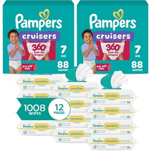 image:imagePampers Pull On Cruisers 360 Fit Disposable Baby Diapers Size 7 2 Months Supply 2 x 88 Count with Sensitive Water Based Baby Wipes 12X Multi Pack PopTop and Refill 1008 Count