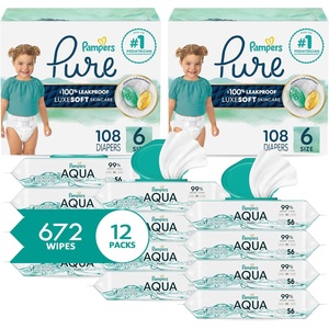 image:imagePampers Pure Protection Disposable Baby Diapers Size 3 2 Month Supply 2 x 168 Count with Aqua Pure Sensitive Baby Wipes 12X PopTop Packs 672 CountSize 6