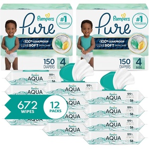 image:imagePampers Pure Protection Disposable Baby Diapers Size 3 2 Month Supply 2 x 168 Count with Aqua Pure Sensitive Baby Wipes 12X PopTop Packs 672 CountSize 4