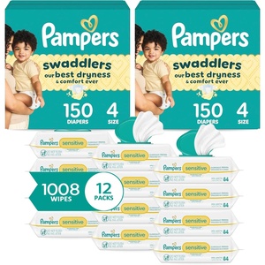 image:imagePampers Swaddlers Disposable Baby Diapers Size 4 2 Month Supply 2 x 150 Count with Sensitive Water Based Baby Wipes 12X Multi Pack PopTop and Refill 1008 Count