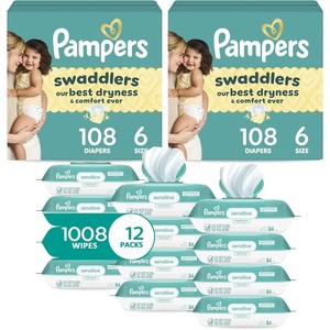 image:imagePampers Swaddlers Disposable Baby Diapers Size 5 2 Month Supply 2 x 132 Count with Sensitive Water Based Baby Wipes 12X Multi Pack PopTop and Refill 1008 CountSize 6  12x