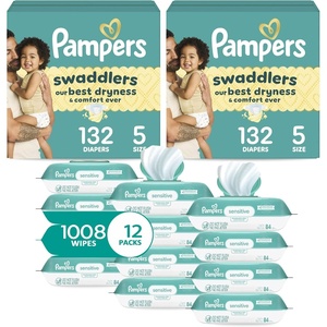 image:imagePampers Swaddlers Disposable Baby Diapers Size 5 2 Month Supply 2 x 132 Count with Sensitive Water Based Baby Wipes 12X Multi Pack PopTop and Refill 1008 CountSize 5  12x