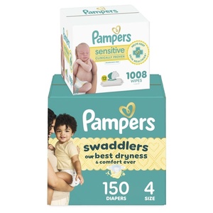 image:imagePampers Swaddlers Disposable Baby Diapers Size 8 76 Count with Sensitive Water Based Baby Wipes 12 FlipTop Packs 1008 Wipes TotalSize 4