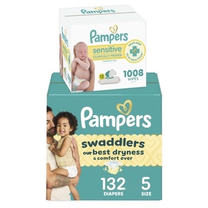 image:imagePampers Swaddlers Disposable Baby Diapers Size 8 76 Count with Sensitive Water Based Baby Wipes 12 FlipTop Packs 1008 Wipes TotalSize 5