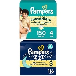image:imageBundle of Pampers Swaddlers Diapers Size 4 1534 lbs 150 Count Absorbent Pampers ZZZ Overnight Diapers Size 3 1628 lbs 116 Count Nighttime Protection Disposable Baby Diaper