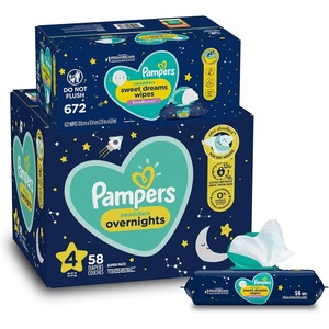 image:imageOvernight Diapers Size 4 58 Count and Baby Wipes  Pampers Swaddlers Overnights Disposable Baby Diapers and Sweet Dreams Wipes 12X PopTop 672 Count