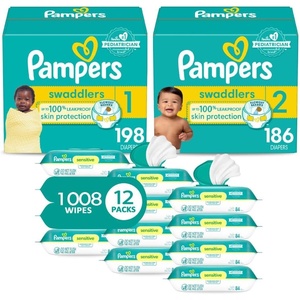 image:imagePampers Baby Diapers and Wipes Starter Kit  Swaddlers Disposable Diapers Sizes 1 198 Count amp 2 186 Count With Sensitive Water Based Wipes 12 FlipTop Packs 1008 TotalSize 1  2