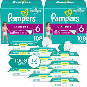 image:imagePampers Cruisers Disposable Baby Diapers Size 6 2 Month Supply 2 x 108 Count with Sensitive Water Based Baby Wipes 12X Multi Pack PopTop and Refill 1008 Count