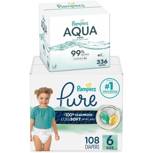 image:imagePampers Pure Protection Disposable Baby Diapers Size 1 One Month Supply 198 Count with Aqua Pure Baby Wipes 6X PopTop Packs 336 CountSize 6
