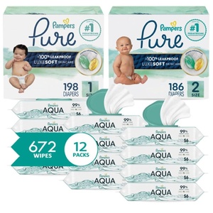 image:imagePampers Pure Protection Disposable Baby Diapers Starter Kit 2 Month Supply Sizes 1 198 Count amp 2 186 Count with Aqua Pure Sensitive Wipes 12X PopTop Packs 672 CountSize 1  2