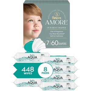 image:imagePampers Amore Size 7 2650 lbs 60 Count  Pampers Aqua Pure Baby Wipes 99 Water Fragrance Free Unscented Water Based MultiUse 448 Wipes Total 8X FlipTop Packs Packaging May Vary