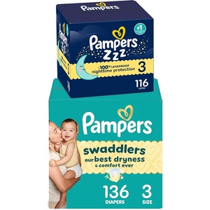 image:imagePampers Swaddlers Diapers Size 3 1326 lbs 136 Count  Pampers ZZZ Overnight Diapers Size 3 1628 lbs 116 Count Nighttime Protection Disposable Baby DiaperSize 3  252